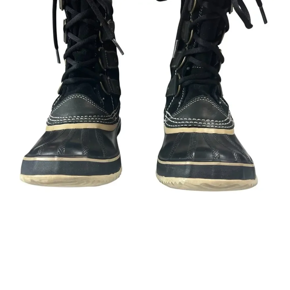 Sorel Joan of Arctic Waterproof Boots 8 Black Quarry Suede Faux Fur Lace Up Snow